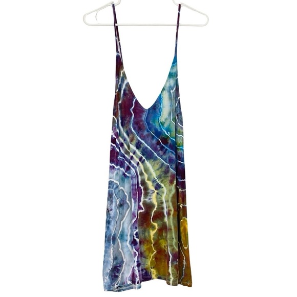 Handmade Geode Tie Dye Dress Womens Size Medium Deep Vneck Upcycled Colorful - Picture 1 of 13